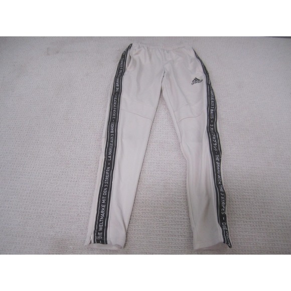 Adidas Pants Mens XS Beige Off White Taped Track Tapered Ankle Zip Pockets - Picture 1 of 14